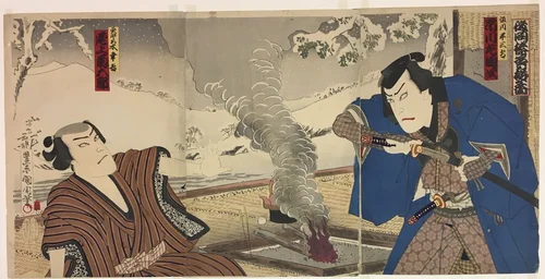 The Actors Ichikawa Sadanji I as Tsunekawa and Onoe Kikugoro as Mizorogi Koichi by Toyohara Kunichika, print, 1888-1898