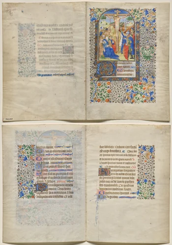 Bifolio from a Book of Hours: The Crucifixion (recto), Text (verso) by Unknown, manuscript, 1430-1440