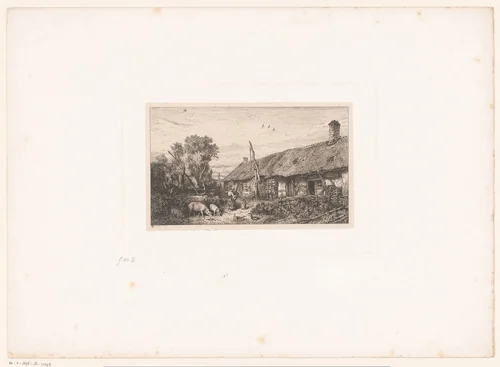 Gezin met varkens op een boerenerf by Charles Emile Jacque, print, 1845