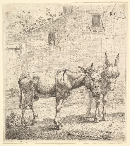 Two donkeys standing in a grassy yard, one in profile view facing right and another behind in three-quarter view, a dog and a building wall with two windows beyond by Karel Dujardin, print, 1652