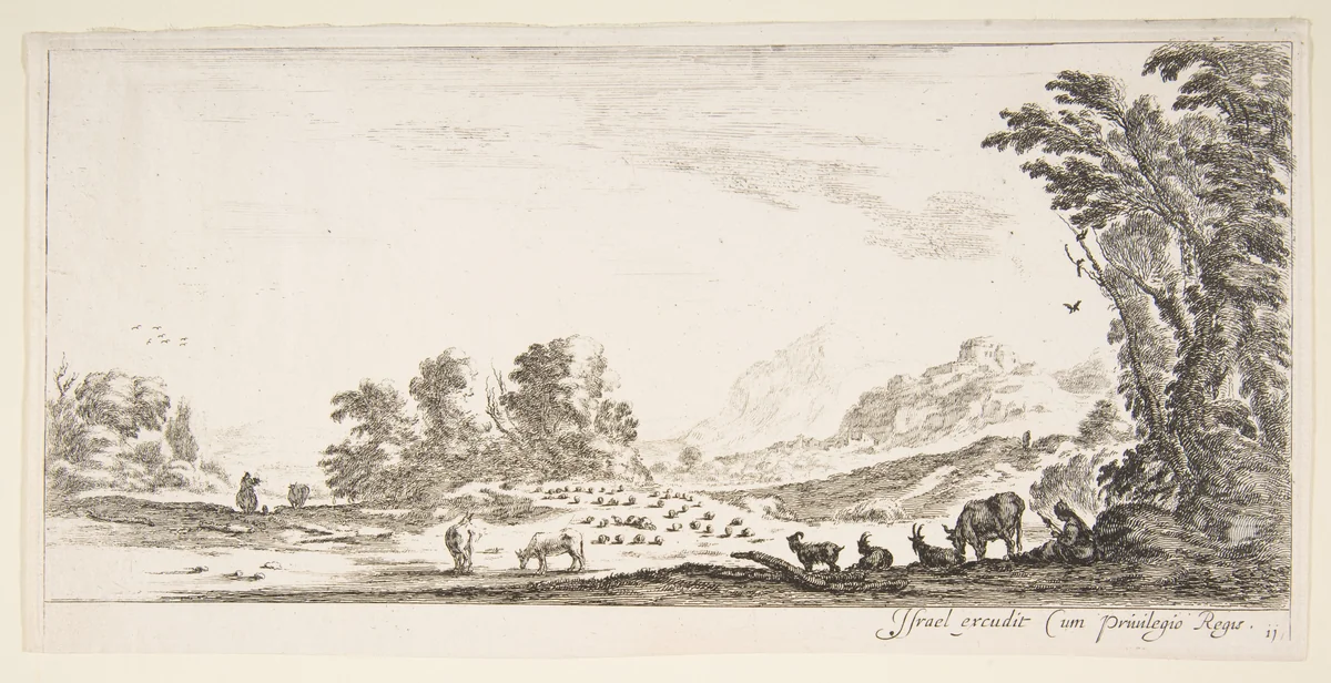 Plate 11: shepherdess seated to the right under a tree, watching her flock to the left, mountains to right in the background, from 'Various landscapes' (Divers paysages) by Stefano della Bella, print, 1636-1646
