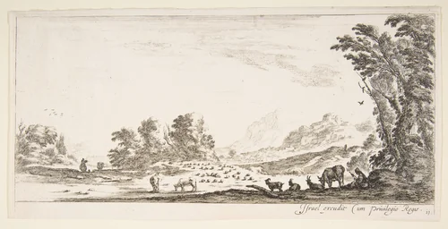 Plate 11: shepherdess seated to the right under a tree, watching her flock to the left, mountains to right in the background, from 'Various landscapes' (Divers paysages) by Stefano della Bella, print, 1636-1646