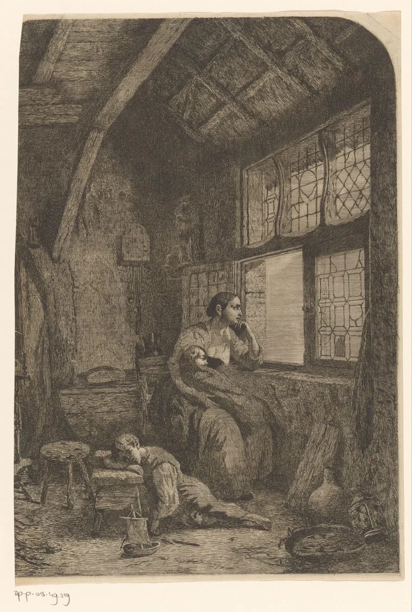 Vrouw met twee slapende kinderen wachtend bij een open raam by Willem Linnig, print, 1856