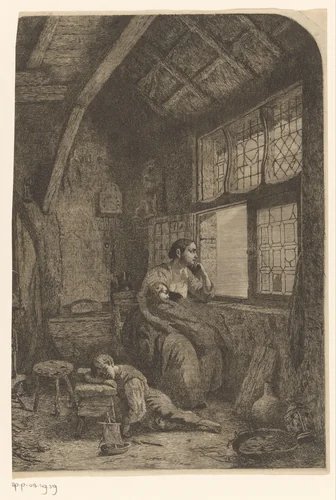 Vrouw met twee slapende kinderen wachtend bij een open raam by Willem Linnig, print, 1856