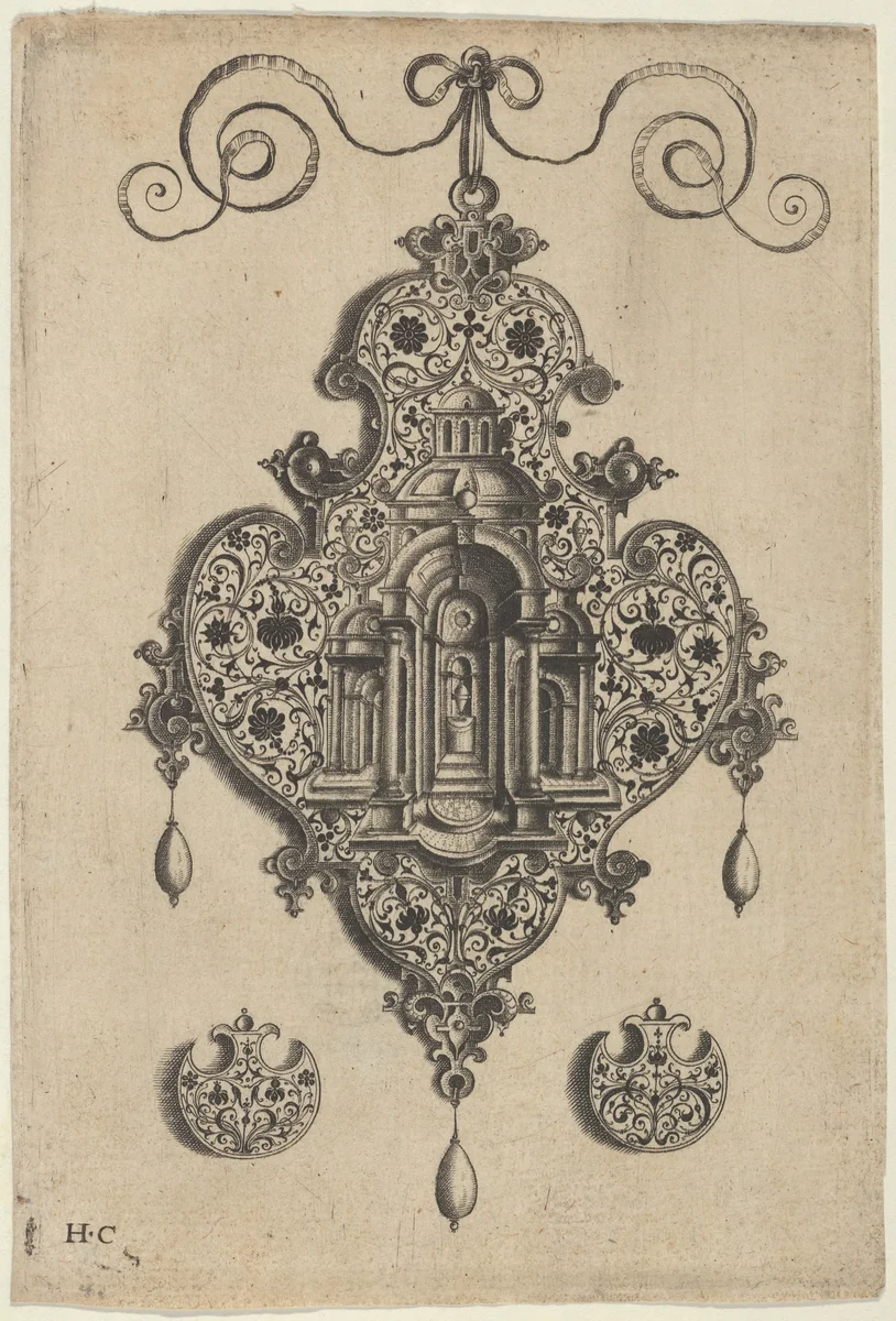 Pendant Design with a Domed Church and Urn Above Axe-Shaped Ornaments by Jan Collaert, print, 1530-1573
