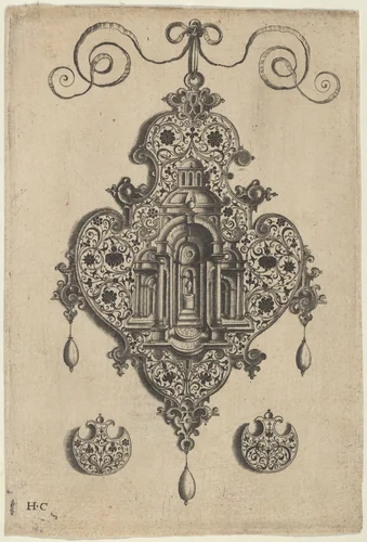 Pendant Design with a Domed Church and Urn Above Axe-Shaped Ornaments by Jan Collaert, print, 1530-1573