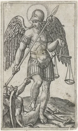 Aartsengel Michaël staand op duivel met speer en weegschaal by Unknown, print, 1500-1527