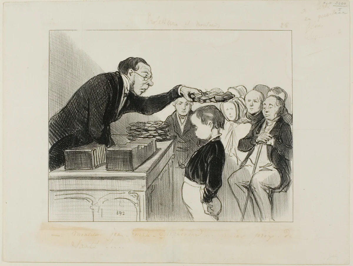 Mr. Jean-Joseph-Chaboulard... first prize for good health!, plate 28 from Professeurs et Moutards by Honoré-Victorin Daumier, print, 1846