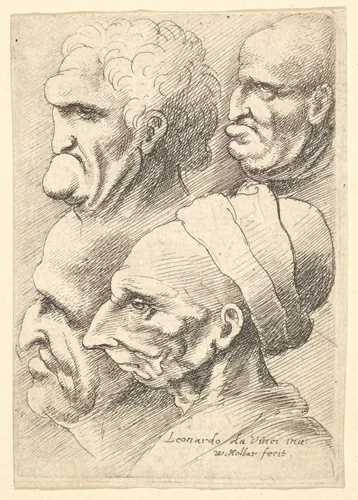 Four grotesque heads in profile to left by Wenceslaus Hollar, print, 1644-1652