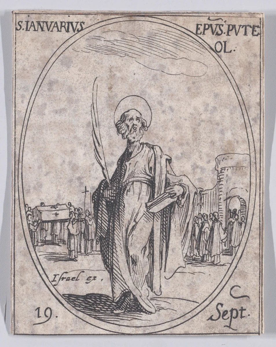 S. Janvier, évêque de Pouzzoles (St. Januarius, Bishop of Pouzzoles), September 19th, from "Les Images De Tous Les Saincts et Saintes de L'Année" (Images of All of the Saints and Religious Events of the Year) by Jacques Callot, print, 1636