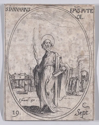 S. Janvier, évêque de Pouzzoles (St. Januarius, Bishop of Pouzzoles), September 19th, from "Les Images De Tous Les Saincts et Saintes de L'Année" (Images of All of the Saints and Religious Events of the Year) by Jacques Callot, print, 1636