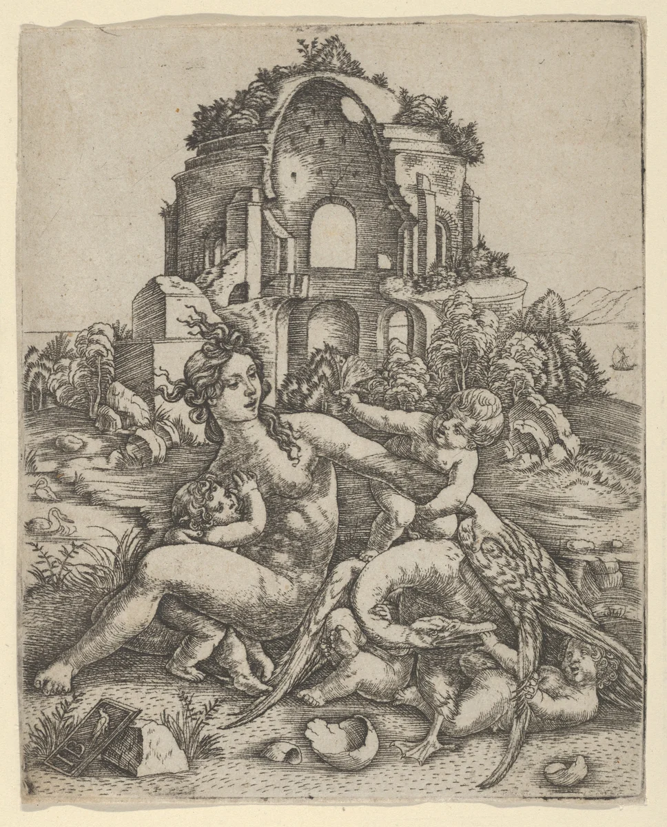 Leda and her children playing with the swan, with a Roman temple in the background by Giovanni Battista Palumba, print, 1500-1510