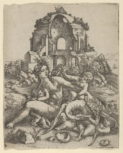 Leda and her children playing with the swan, with a Roman temple in the background by Giovanni Battista Palumba, print, 1500-1510
