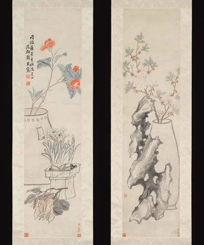 Flowers: (a) Peach-blossom and Spiritual Stone; (b) Camellia, Narcissus and Buddha's Hand by Zhou Cunbo, painting, 1870