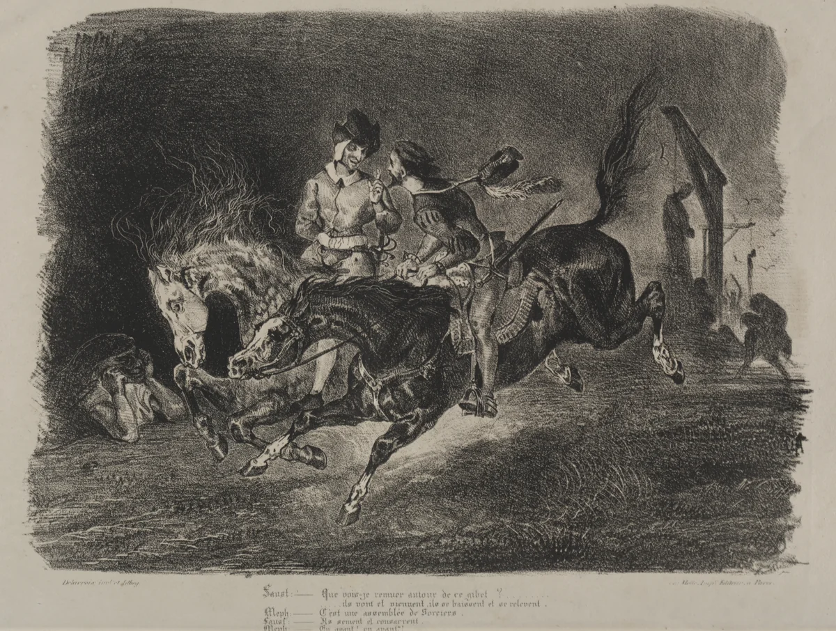 Illustrations for Faust: Faust and Méphistophélés horse riding on the Sabbath by Eugène Delacroix, print, 1828