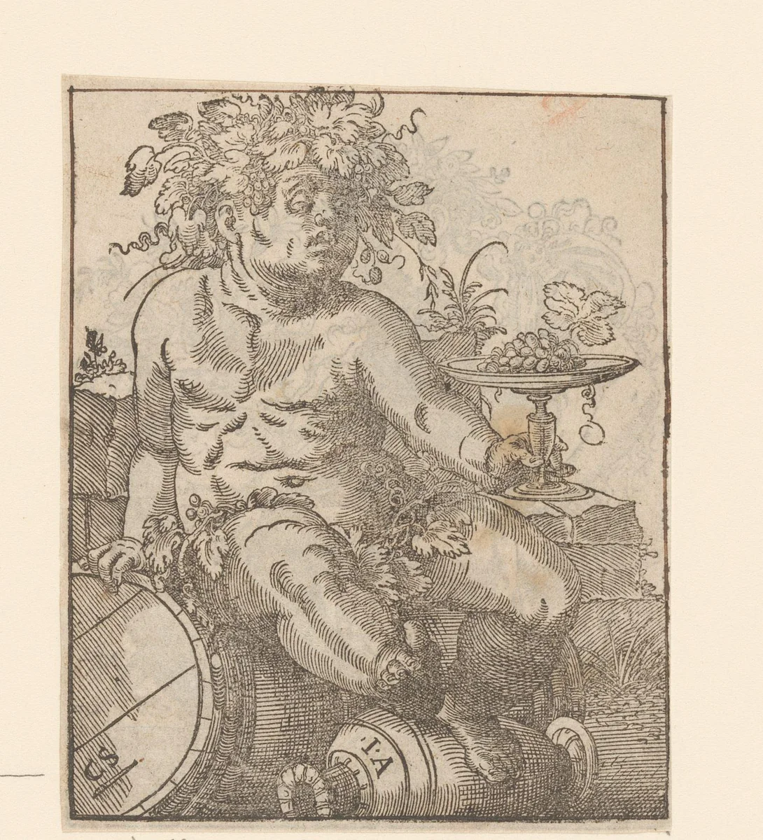 Bacchus op een wijnvat by Unknown, print, 1580