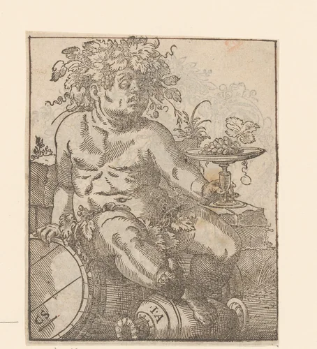 Bacchus op een wijnvat by Unknown, print, 1580