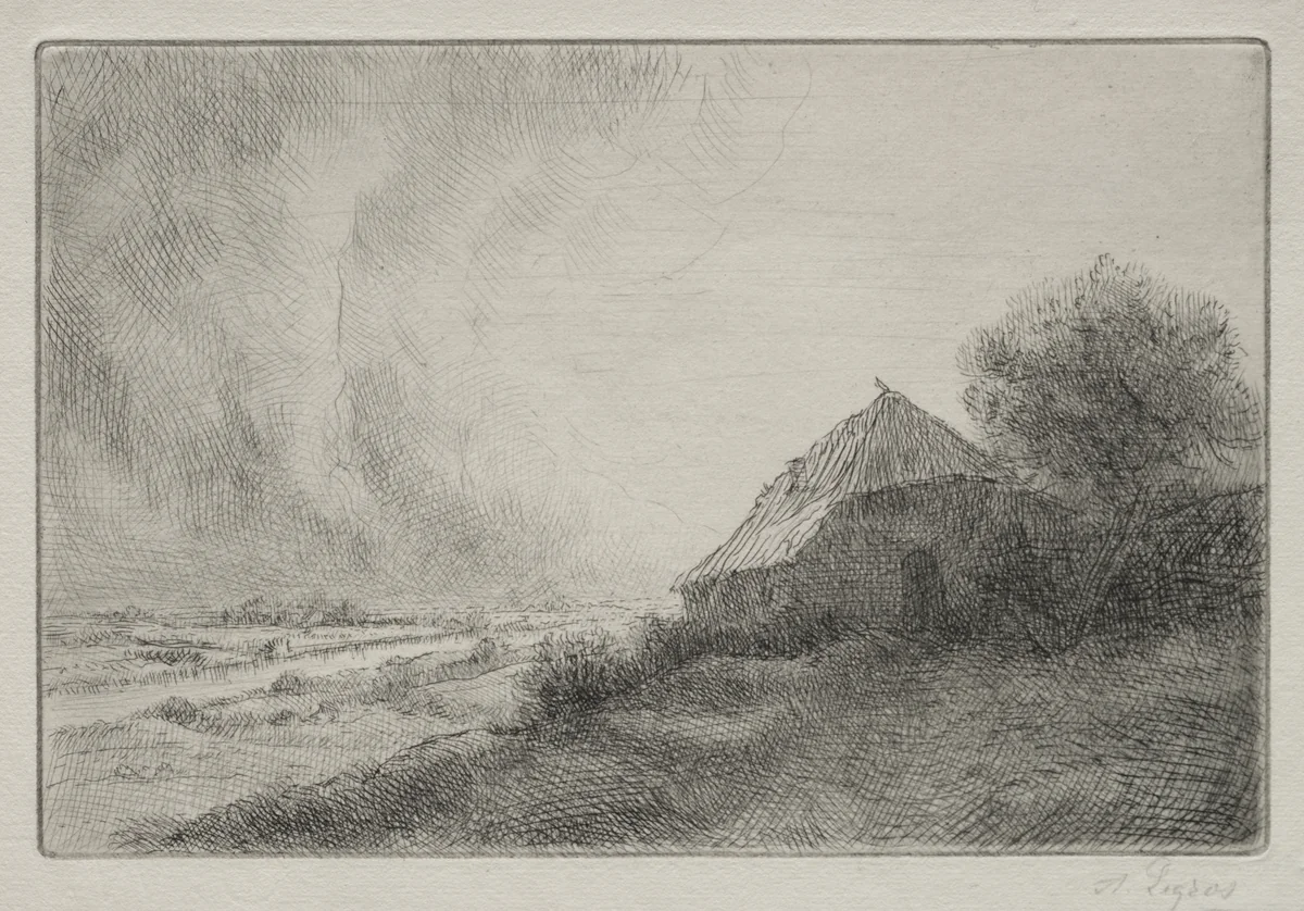 Ruined House on a Hillside by Alphonse Legros, print, 1857-1911