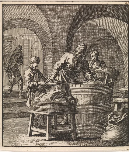 Mannen stoppen stukken vlees en zout in een vat by Jan Luyken, print, 1711