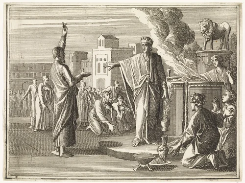 De godsman uit Juda profeteert tegen het altaar waarop Jerobeam de kalverdienst uitoefent by Caspar Luyken, print, 1712