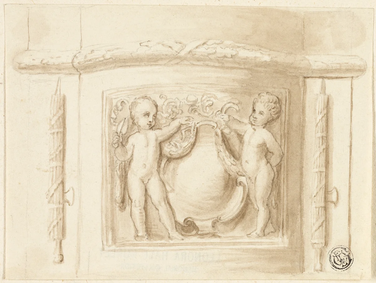 Base of Pilaster with Relief, with 2 Putti, Shield by Thomas Stothard, drawing, 1775-1834