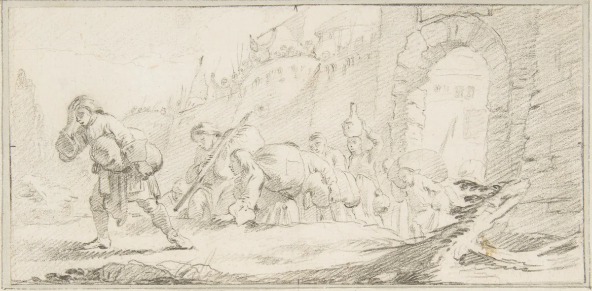 Illustration for a Book: Inhabitants Leaving a Conquered City by Giovanni Battista Tiepolo, drawing, 1696-1770