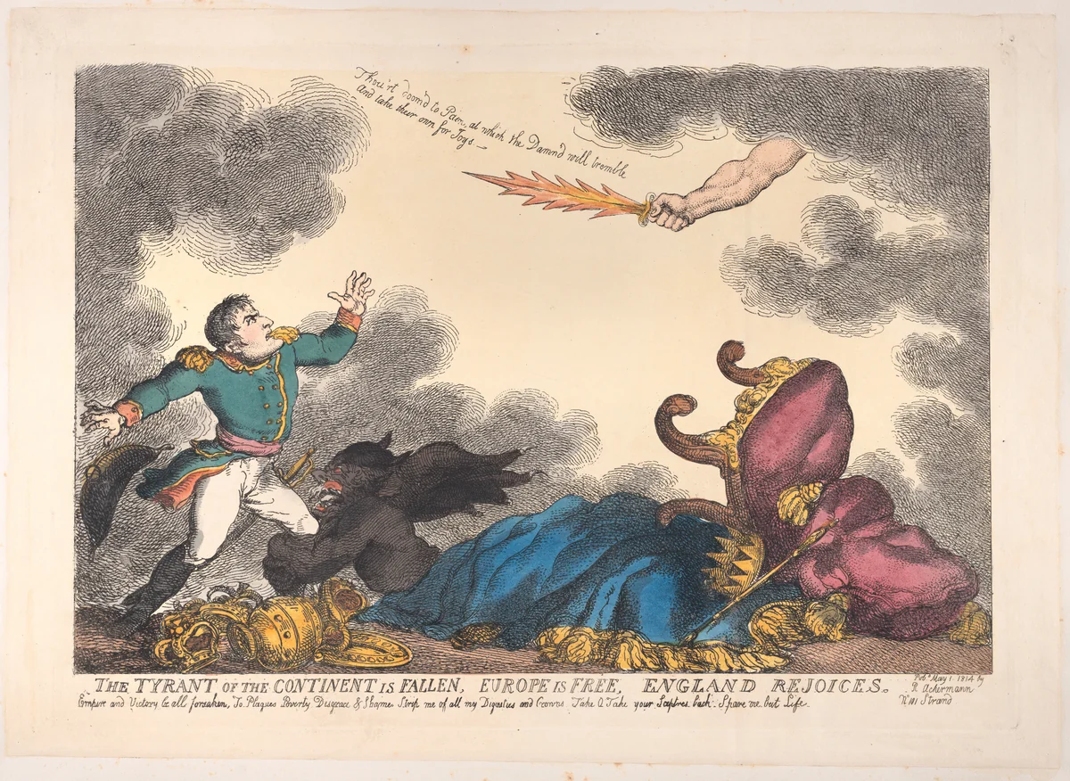 The Tyrant of the Continent is Fallen, Europe is Free, England Rejoices by Thomas Rowlandson, print, 1814