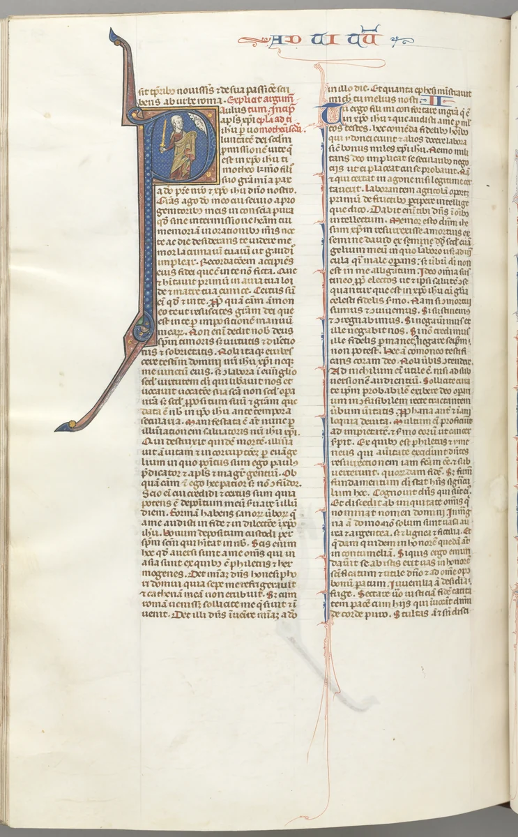Fol. 457v, Timothy II, historiated initial P, Paul talking to the bust of God above by Unknown, book, 1270-1300
