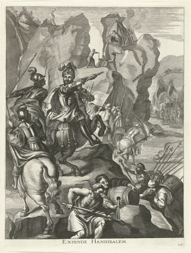 Hannibal steekt de Alpen over; intocht van Ferdinand te Gent in 1635 by Antony van der Does, print, 1635-1636