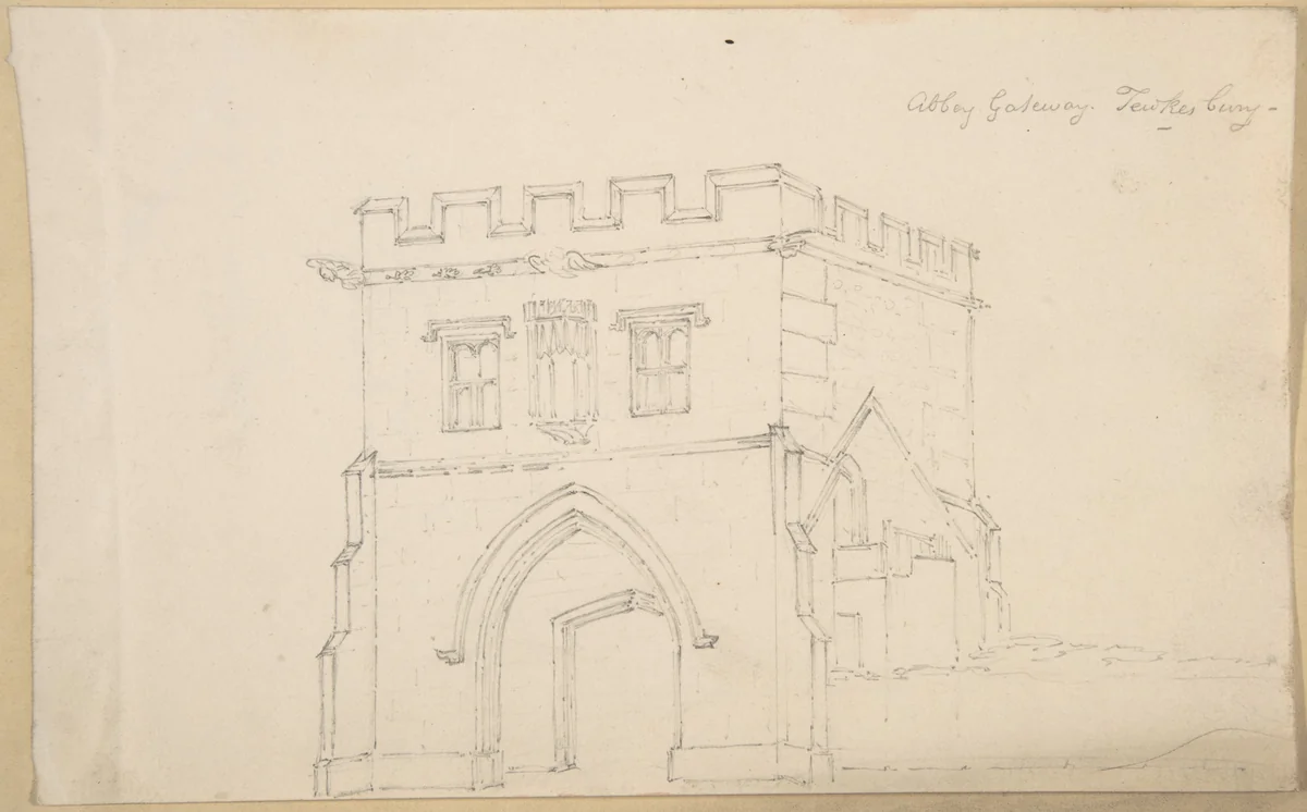 Abbey Gateway, Tewkesbury; Figure from Tomb at Great Malvern (verso) by anonymous, drawing, 1816