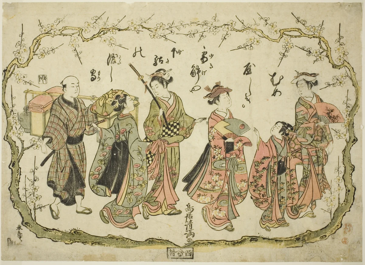Party on their way to view plum blossoms by Torii Kiyomitsu I, print, 1759-1769