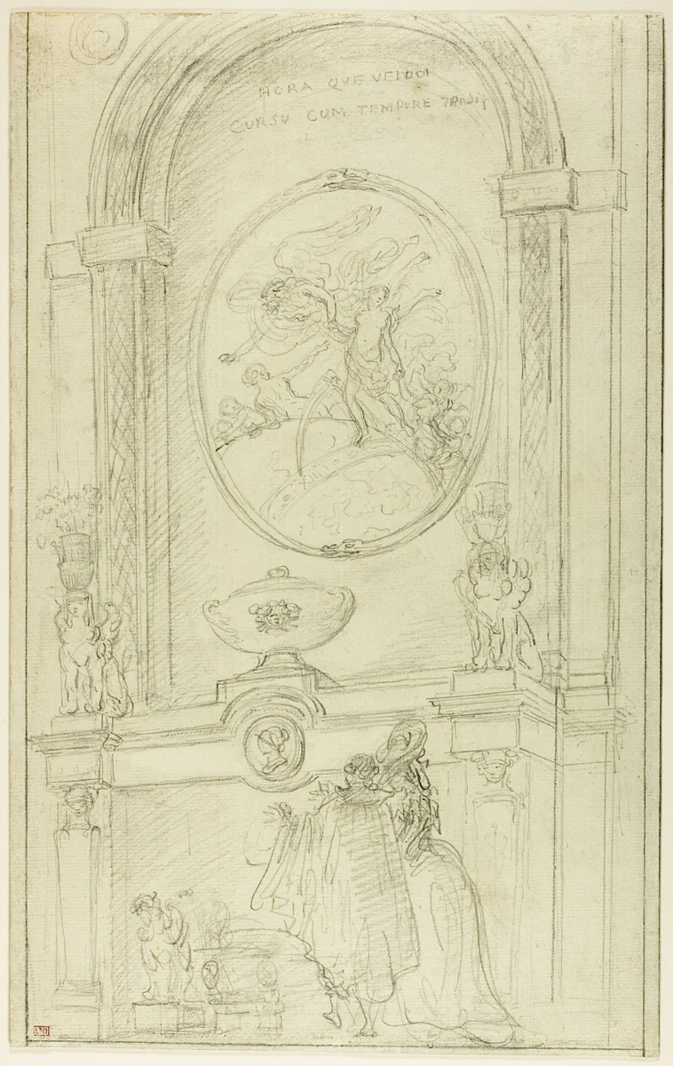 Interior with a Couple Before a Chimney-Piece by Hubert Robert, drawing, 1775-1808