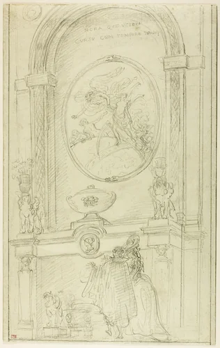 Interior with a Couple Before a Chimney-Piece by Hubert Robert, drawing, 1775-1808