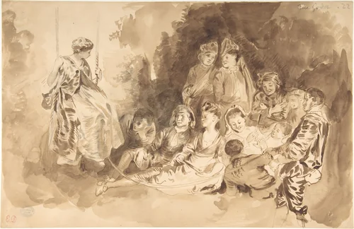 "The Swing," after Antoine Watteau (Les Agréements de l'été) by Eugène Delacroix, drawing, 1798-1863