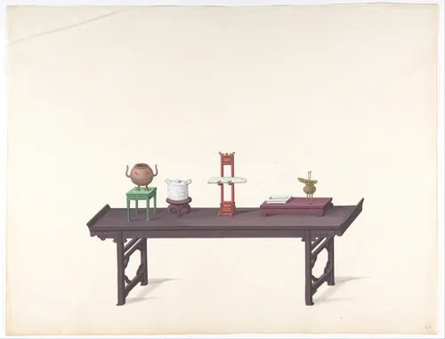 Long, Low Purple Lacquer Table with Objects by anonymous, drawing, 1800-1900