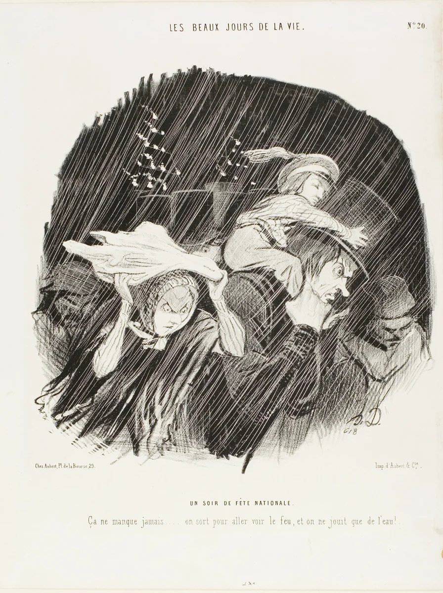 The Evening of the National Holiday. It never fails... you go out to see the fireworks, and all you get is waterworks!, plate 20 from The Best Days in Life by Honoré-Victorin Daumier, print, 1844