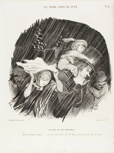 The Evening of the National Holiday. It never fails... you go out to see the fireworks, and all you get is waterworks!, plate 20 from The Best Days in Life by Honoré-Victorin Daumier, print, 1844