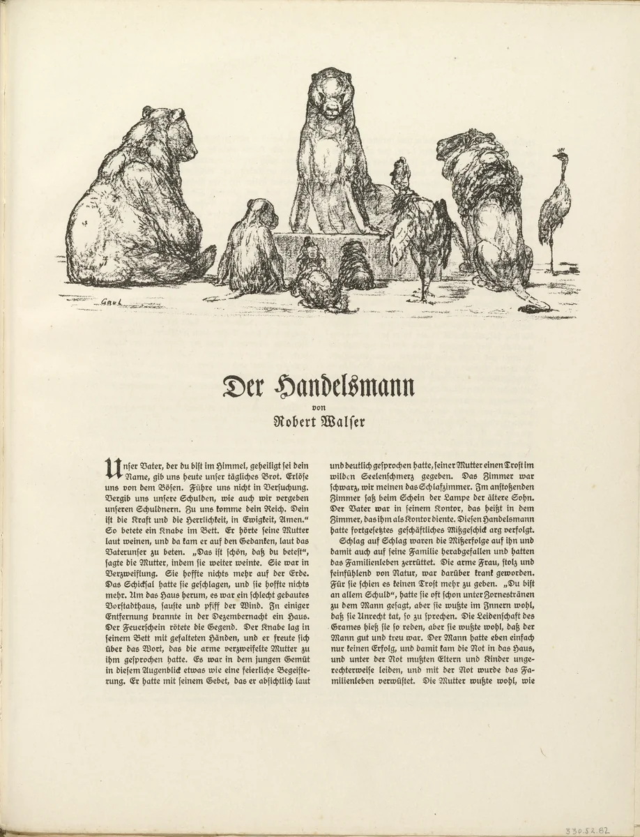 Untitled (Gathering of Animals) [Tierversammlung], illustration to Robert Walser's "Der Handelsmann" (headpiece, folio 49) from the periodical Der Bildermann, supplement to vol. 1, no. 6 (Jun 1916) by August Gaul, periodical, 1916