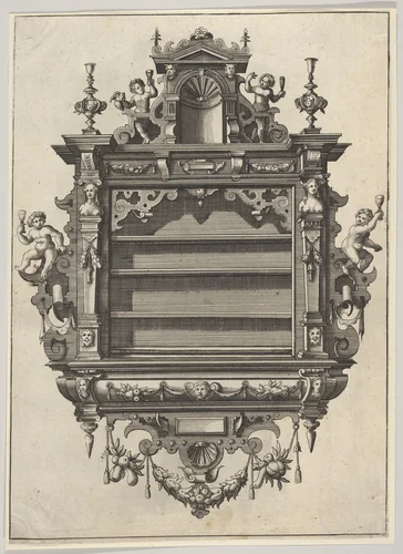 Wall-mounted Shelf Unit from 'Verscheyden Schrynwerck (...)' ['Plusieurs Menuiseries (...)'] by Paul Vredeman de Vries, print, 1658