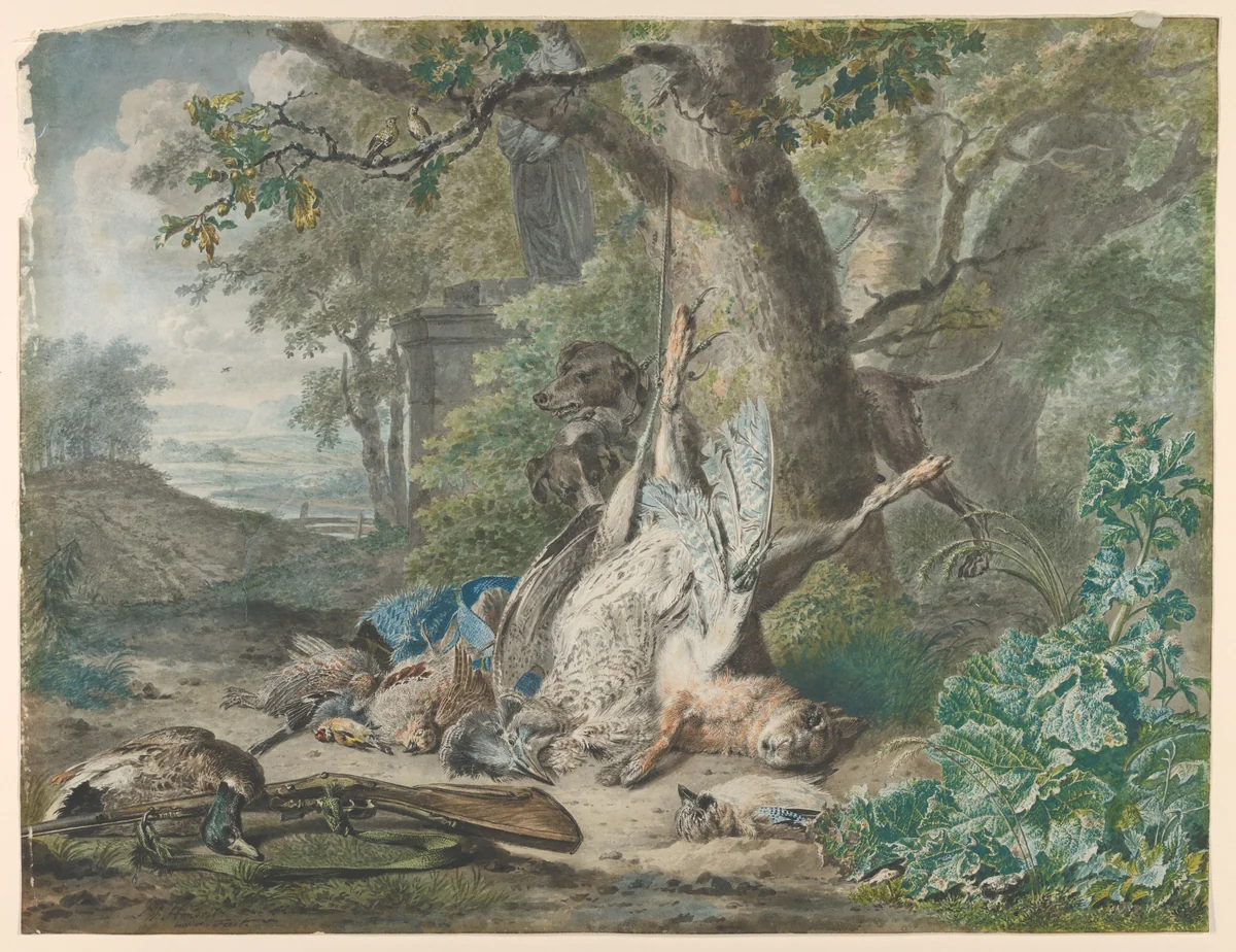 Hunting Still Life in a Forest by Wybrand Hendriks, drawing, 1784