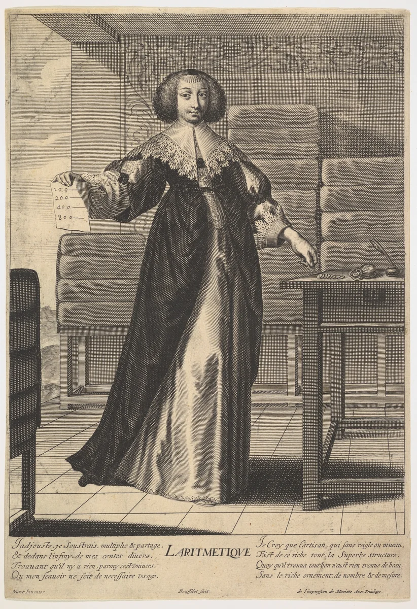 Arithmetic: a young woman standing at a table, holding a sheet with inscribed numbers in her right hand, in a decorated interior, from "The liberal arts" (Les arts liberaux) by Gilles Rousselet, print, 1633-1635