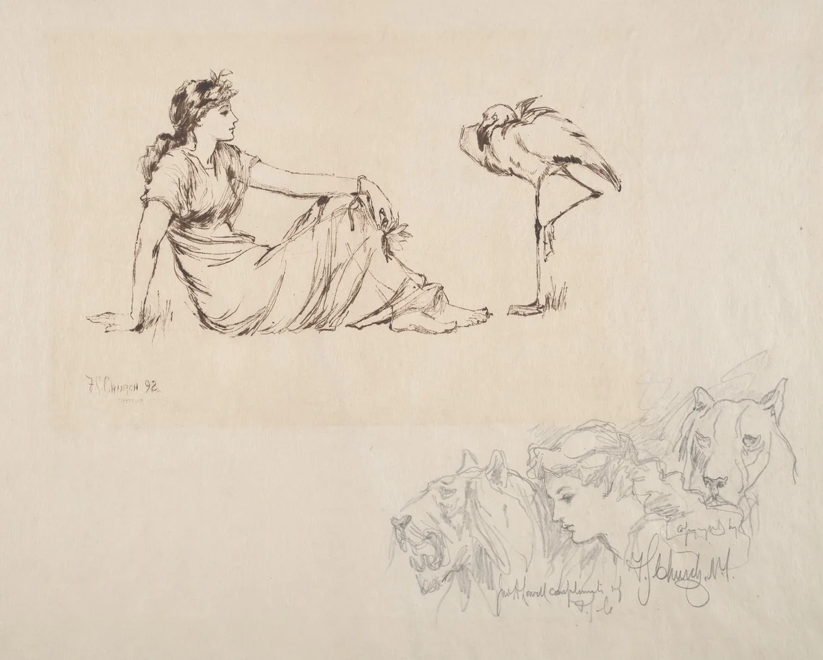 Woman and a Crane (Vigilance?) by Frederic Stuart Church, print, 1892