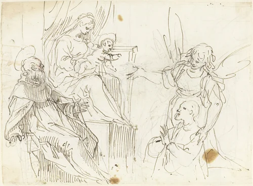 Stichter bij Maria en het Kind by Unknown, drawing, 1560-1640