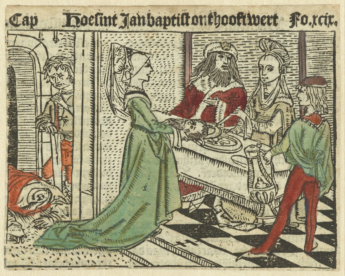 Salome brengt het hoofd van Johannes de Doper naar Herodias by Unknown, print, 1485-1491