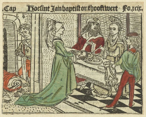 Salome brengt het hoofd van Johannes de Doper naar Herodias by Unknown, print, 1485-1491
