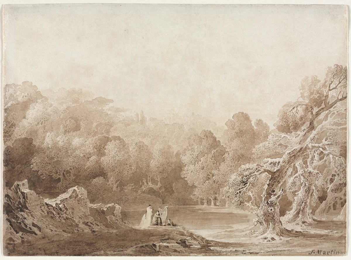 A Man Playing a Harp with other Figures beside a Lake by John Martin, drawing, 1820