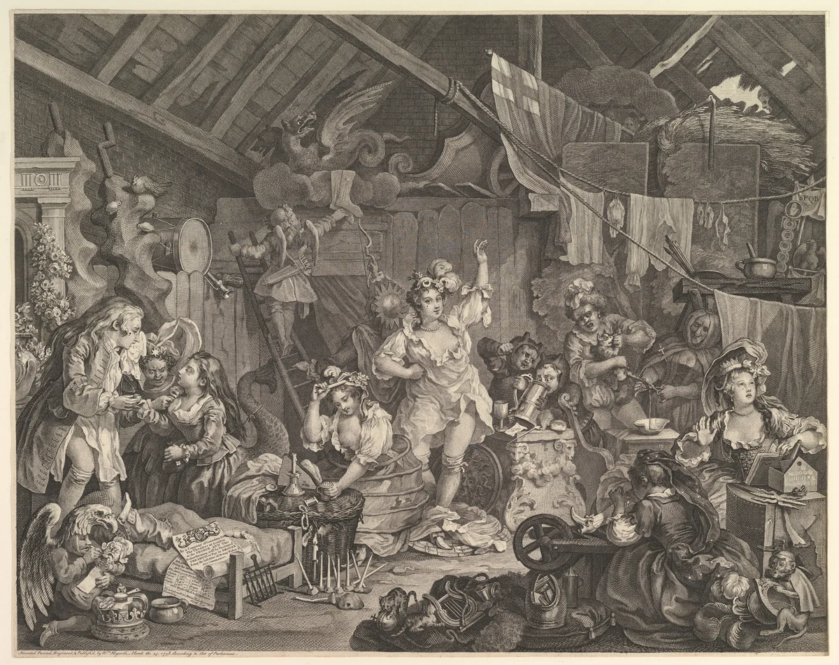 Strolling Actresses Dressing in a Barn by William Hogarth, print, 1738