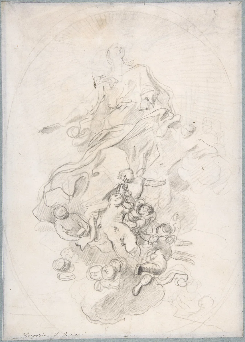 The Assumption of the Virgin (recto); Architectural Notations (verso) by Lorenzo de' Ferrari, drawing, 1680-1744