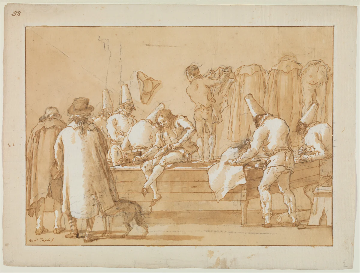 Punchinello as Tailor's Assistant by Giovanni Domenico Tiepolo, drawing, 1771-1804
