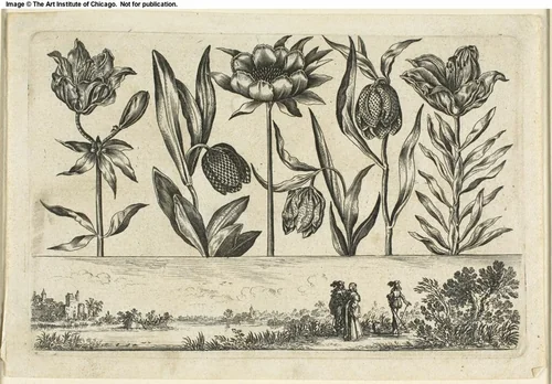 Flowers and Landscape, from Livre Nouveau de Fleurs... by Nicolas Cochin, print, 1645